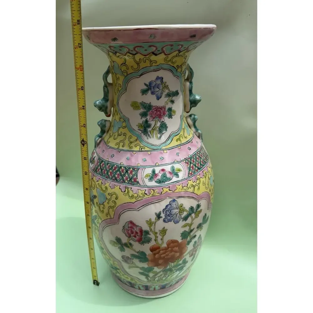 Antique Chinese Famille Rose Vase, 19th C. Large Yellow Porcelain Vase 17.5”